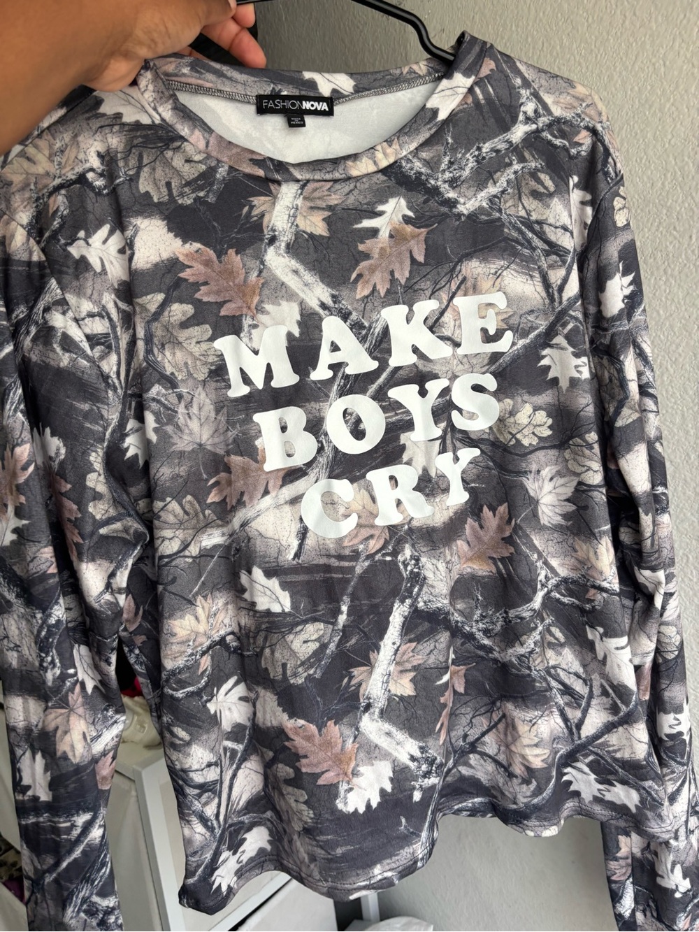 Fashion Nova Gray and Tan Camo Leaf Print baby tee